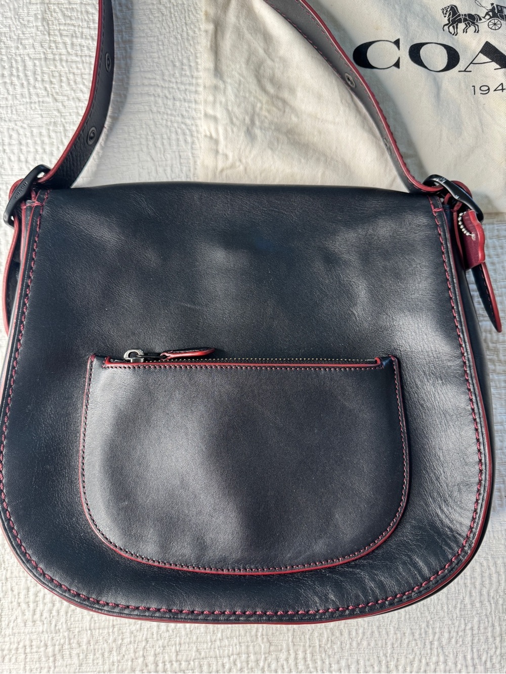 Coach 1941 Black Leather Crossbody large Saddle Bag with Oxblood Red Accents. - Picture 2 of 10